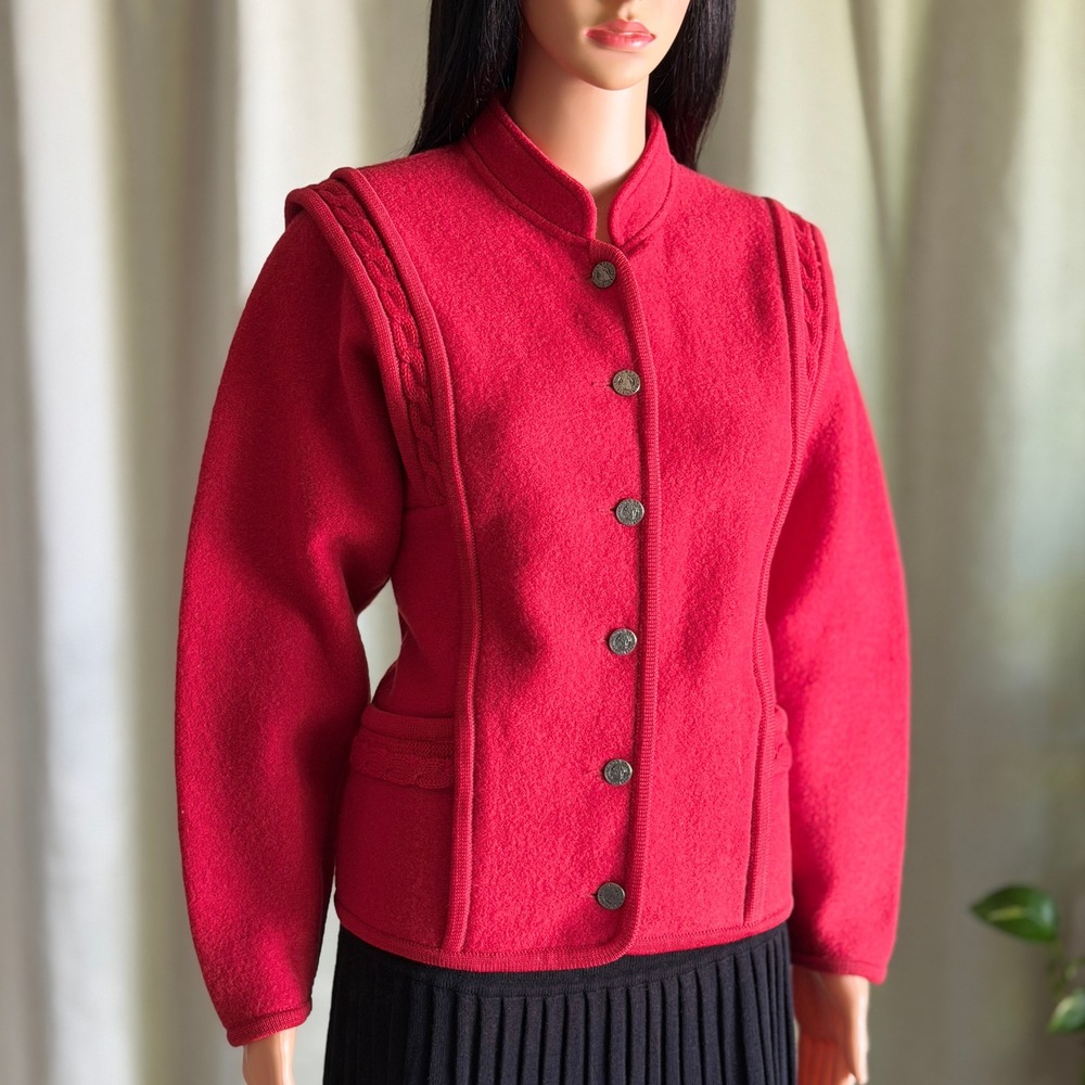 Vintage Geiger Austria Red Boiled Wool Tyrolean Jacket Cable Knit Trim Blazer 36